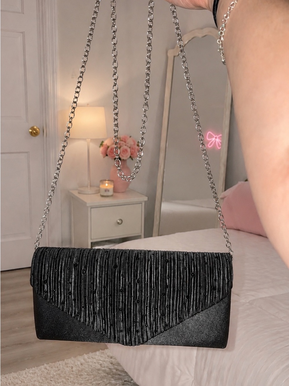 Amazon Black Textured Evening Clutch with Silver Chain